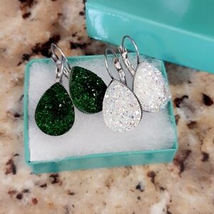 Elegant Green and Iridescent Druzy Style Teardrop Earrings